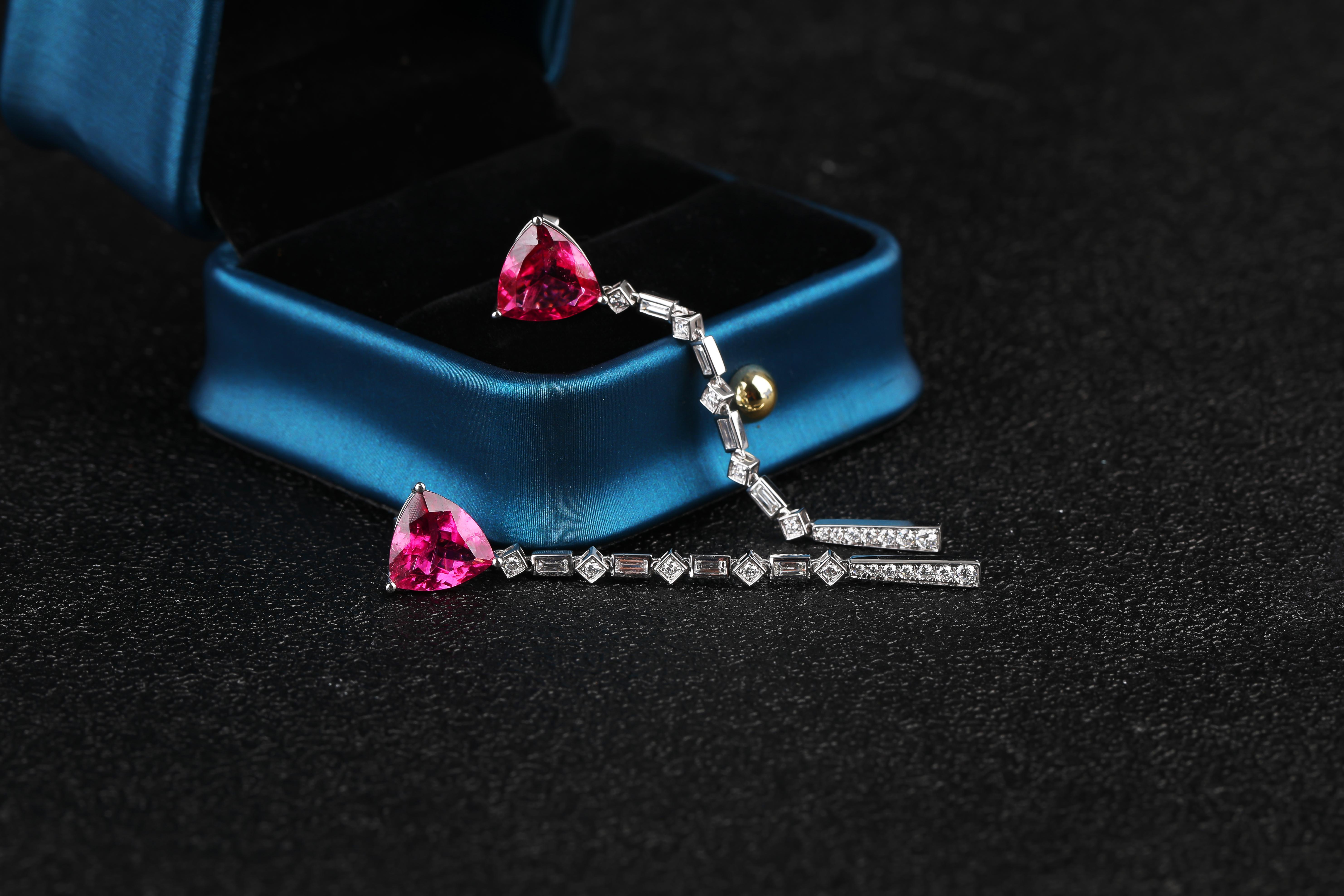 Brilliant Cut Eostre Rubellite Tourmaline and Diamond White Gold Earring