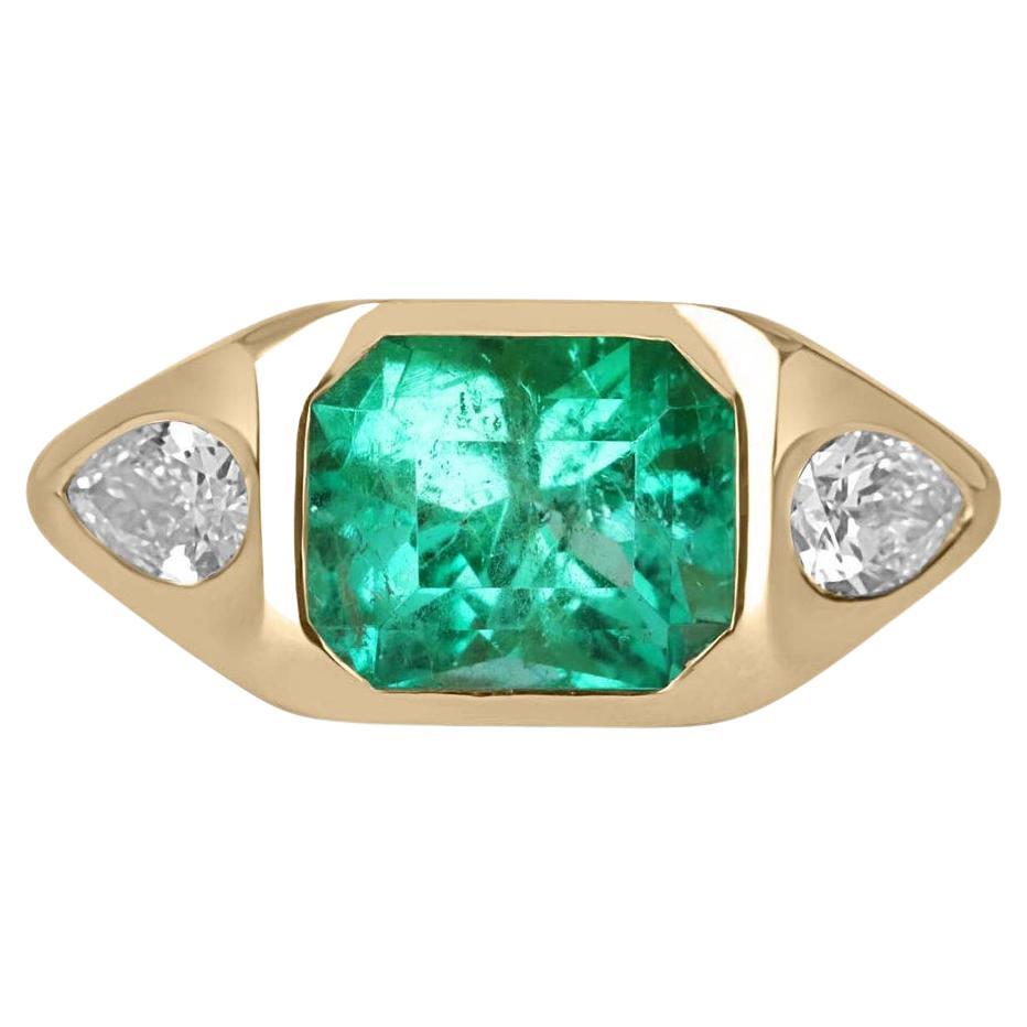 4.62tcw 18K Three Stone Colombian Emerald & Pear Cut Diamond Gypsy Ring