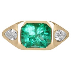 4.62tcw 18K Three Stone Colombian Emerald & Pear Cut Diamond Gypsy Ring