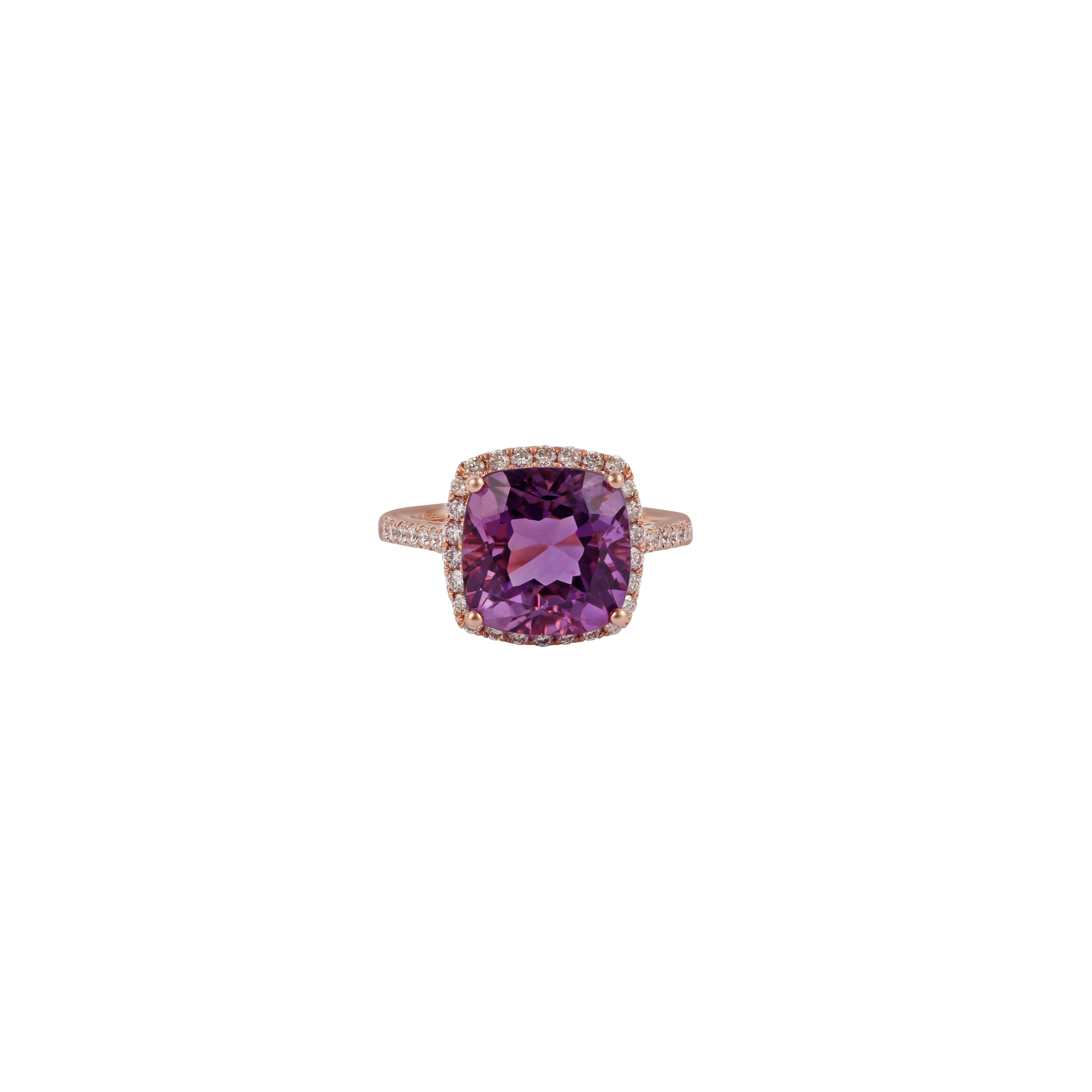 Its an elegant amethyst diamond ring studded in 18k rose gold with 1 piece cushion shaped amethyst weight 4.63 carat & 40 pieces round shaped brilliant cut diamonds weight 0.45 carat this entire ring studded in 18k rose gold weight 3.38 grams, ring