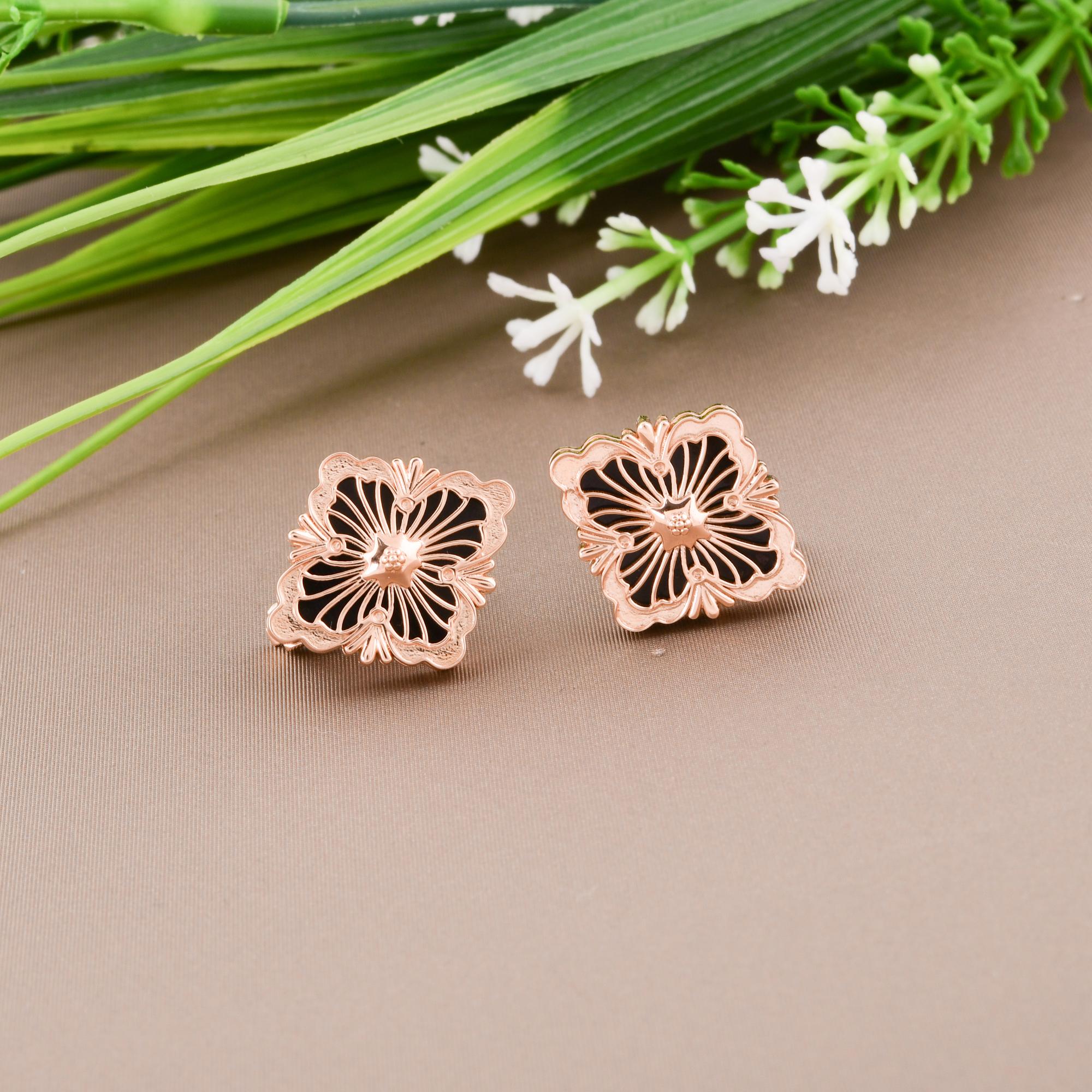 Cabochon 4.63 Carat Black Onyx Gemstone Stud Earrings 14 Karat Rose Gold Handmade Jewelry For Sale