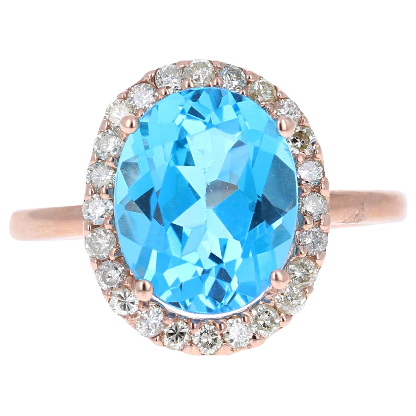 Anello da cocktail in oro rosa con diamante e topazio blu da 4,63 carati