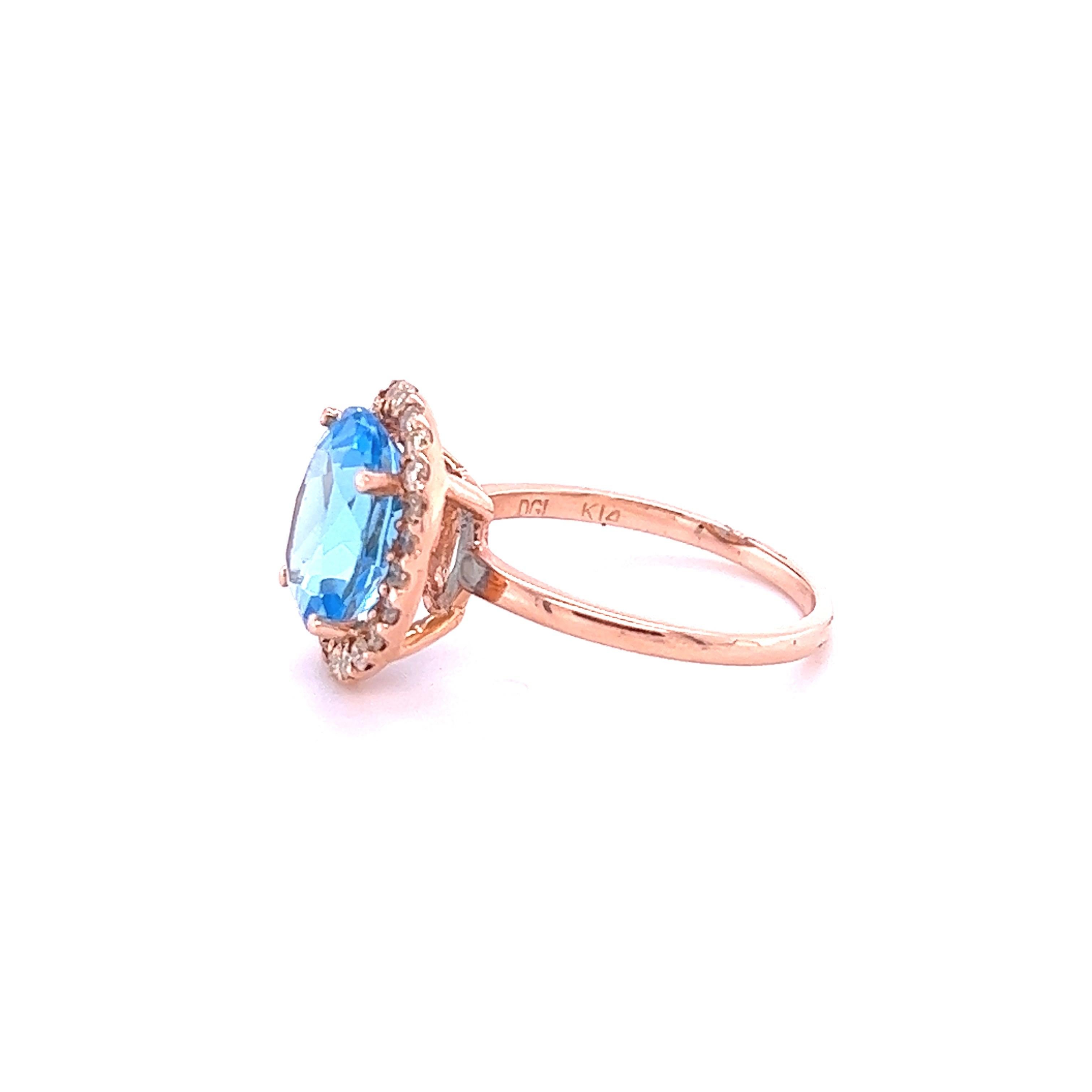 Contemporary 4.63 Carat Blue Topaz Diamond Rose Gold Ring For Sale