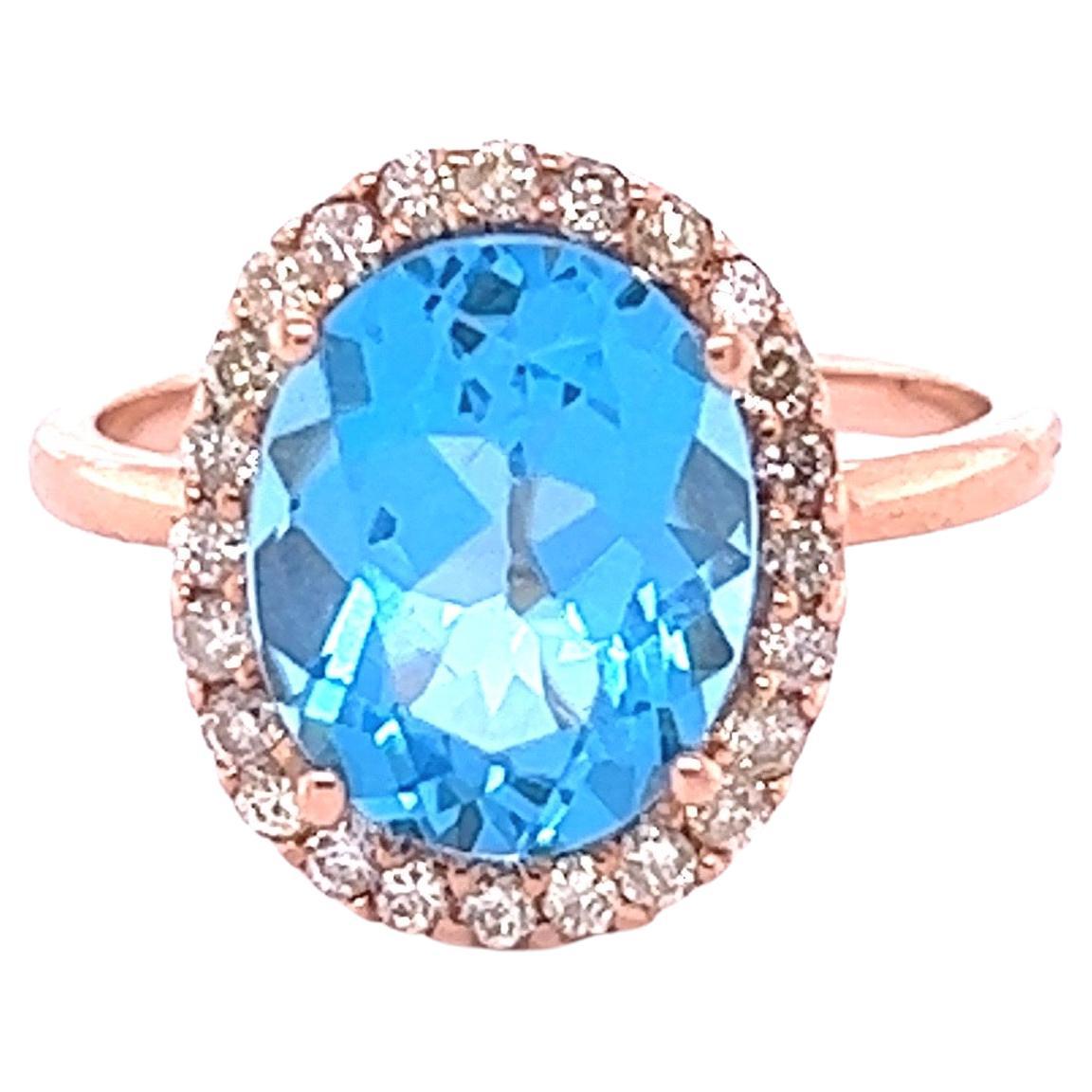 4.63 Carat Blue Topaz Diamond Rose Gold Ring For Sale