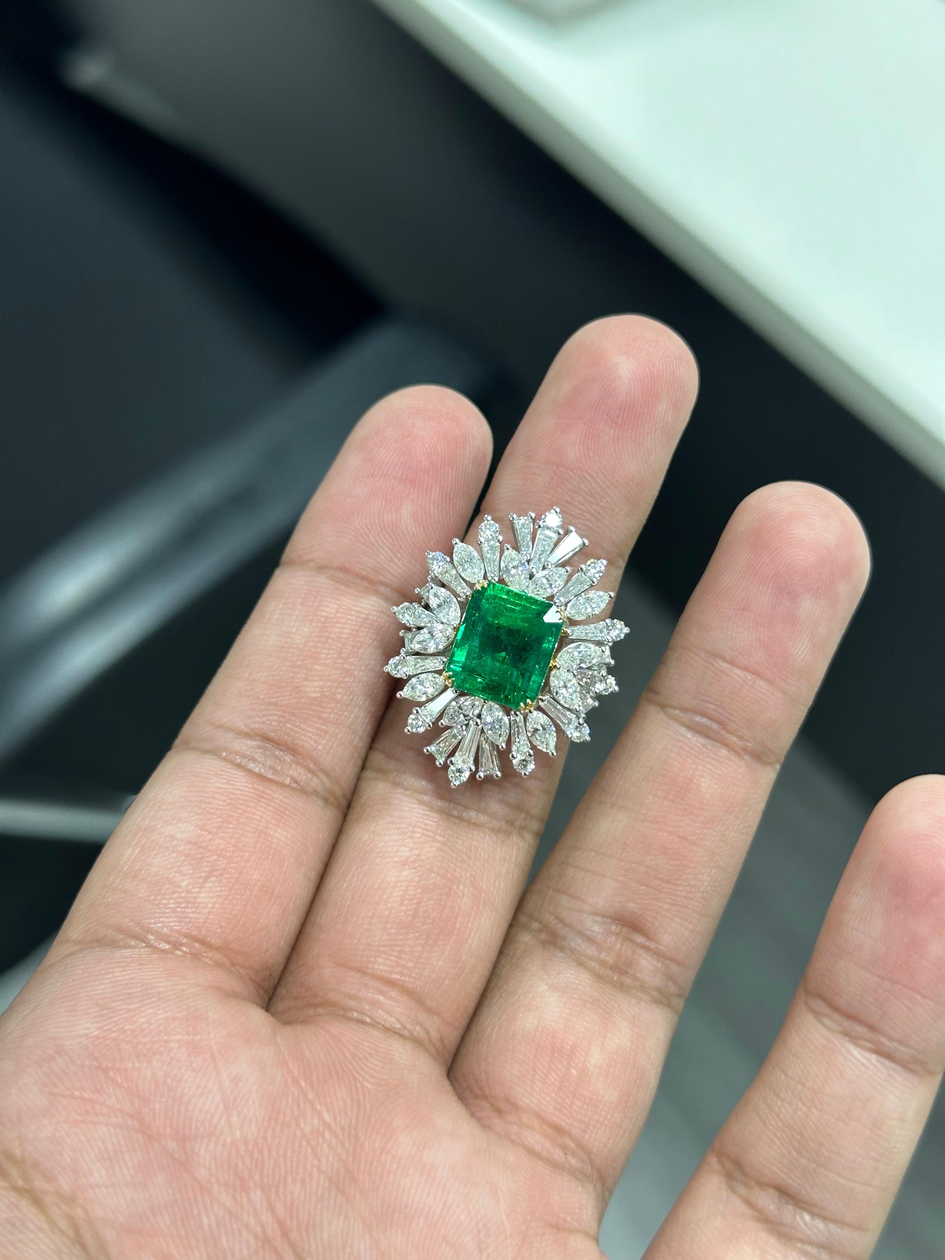 Victorian 4.63 Carat Emerald & Diamond Art Deco Statement Ring in 18K White Gold