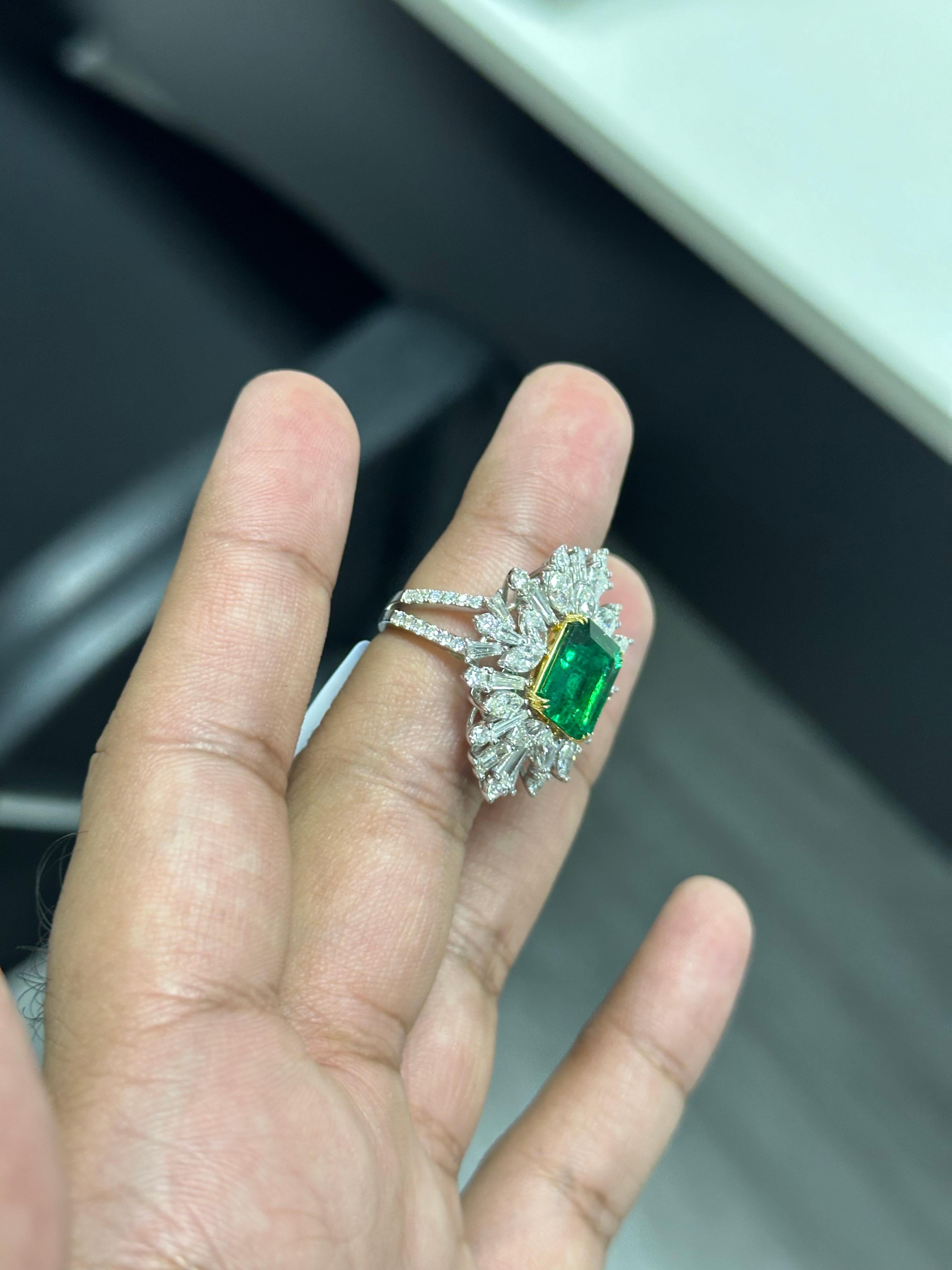 Emerald Cut 4.63 Carat Emerald & Diamond Art Deco Statement Ring in 18K White Gold