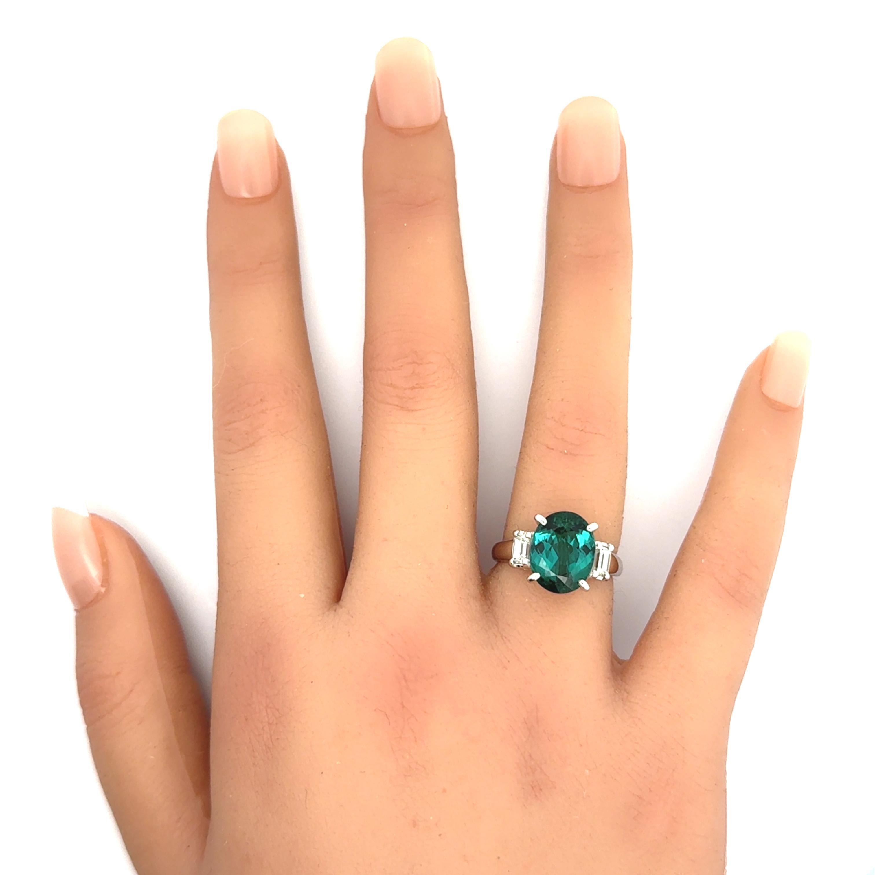 Oval Cut 4.63 Carat Lagoon-Tourmaline Diamond Platinum Three-Stone Ring For Sale