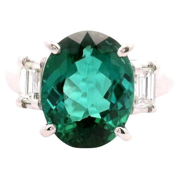 4.63 Carat Lagoon-Tourmaline Diamond Platinum Three-Stone Ring For Sale