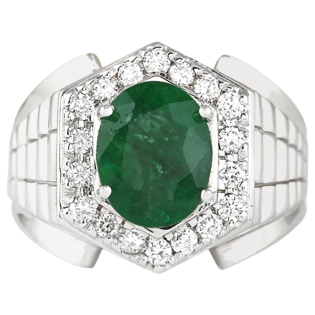 Man's Natural Emerald Diamond Ring In 14 Karat White Gold  For Sale