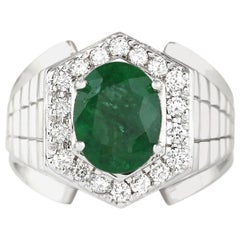 Man
s Natural Emerald Diamond Ring In 14 Karat White Gold