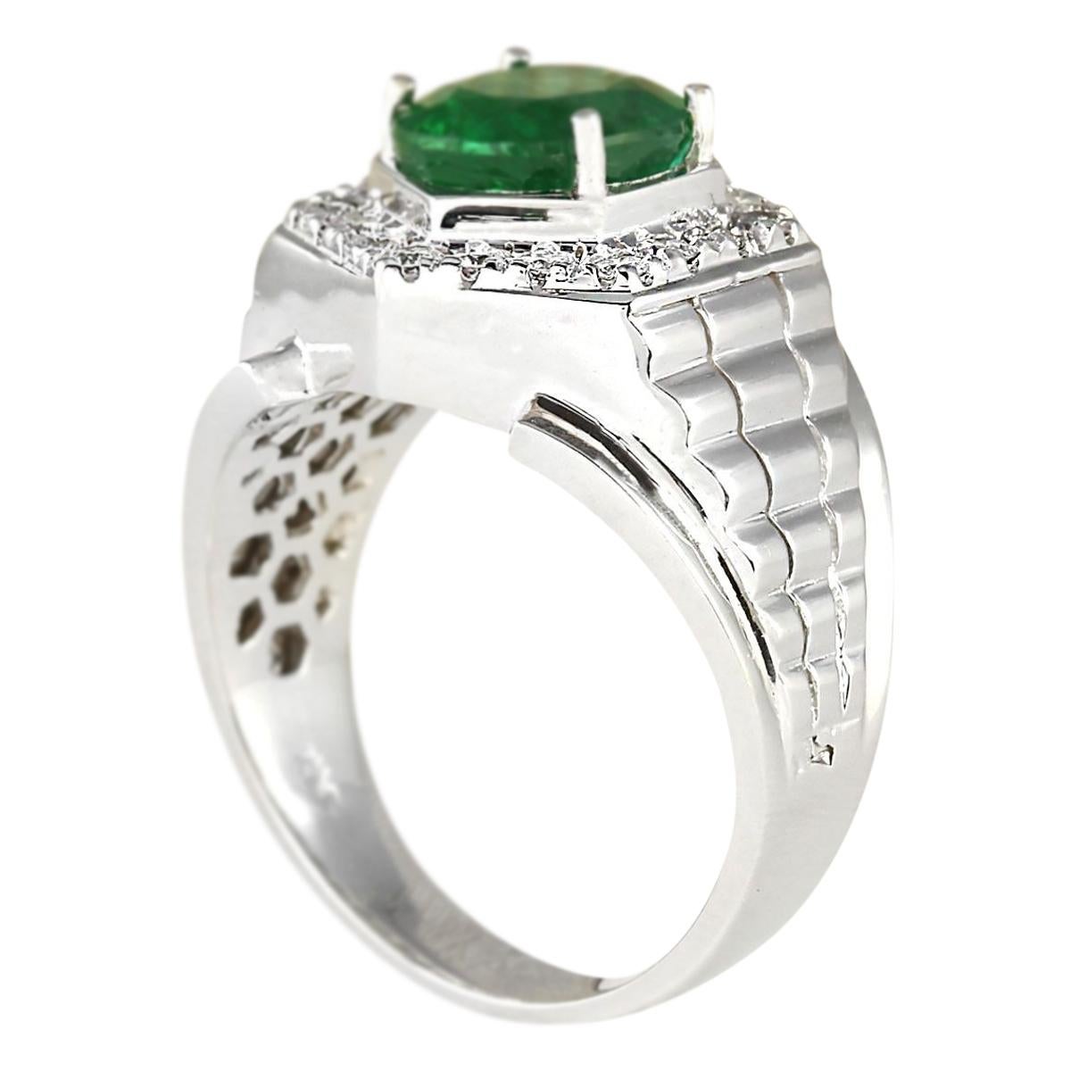 Oval Cut Man's Natural Emerald Diamond Ring In 14 Karat White Gold  For Sale