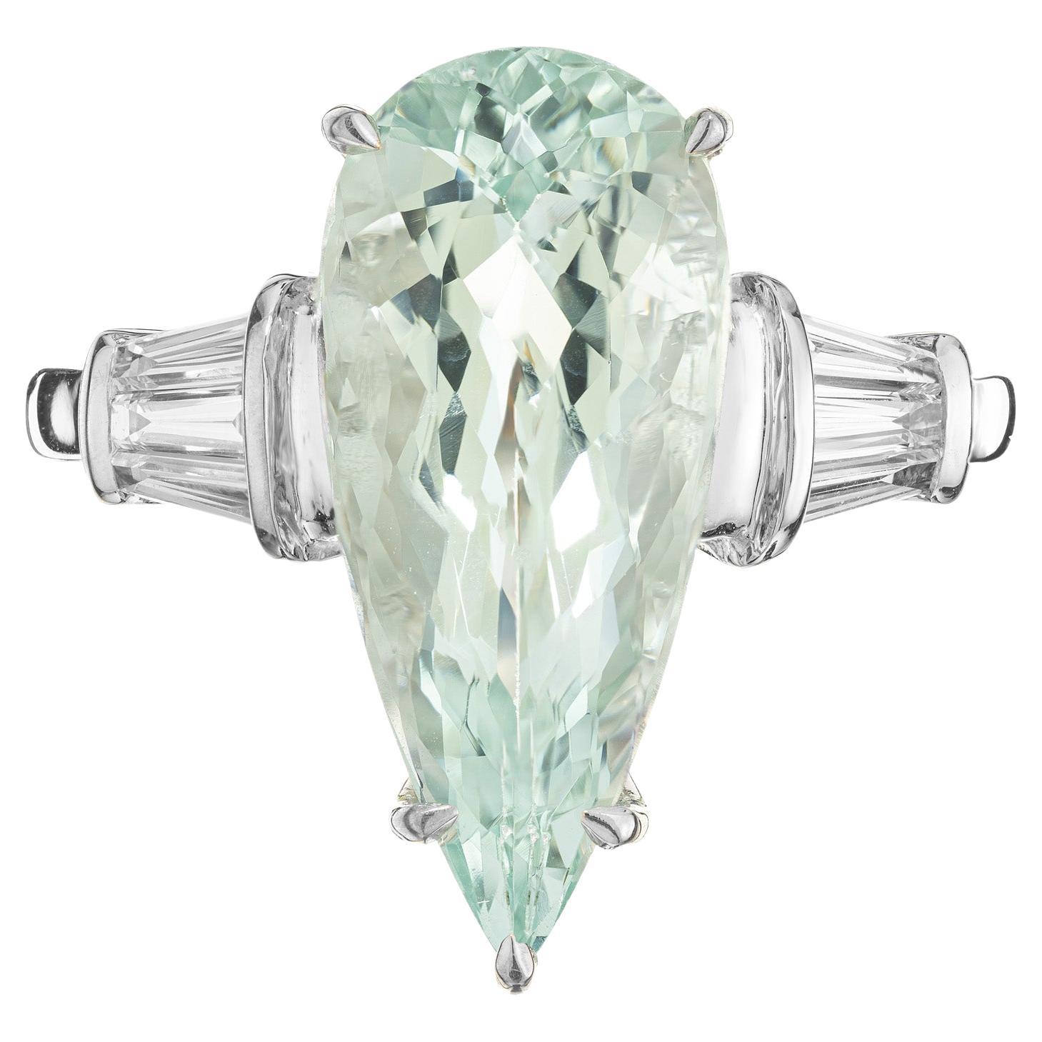 4.63 Carat Pear Aquamarine Diamond White Gold Mid-Century Ring 