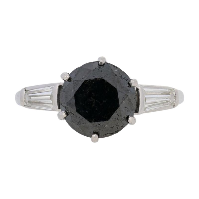4.63 Carat Round Cut Black Diamond Ring, 14 Karat White Gold and Platinum