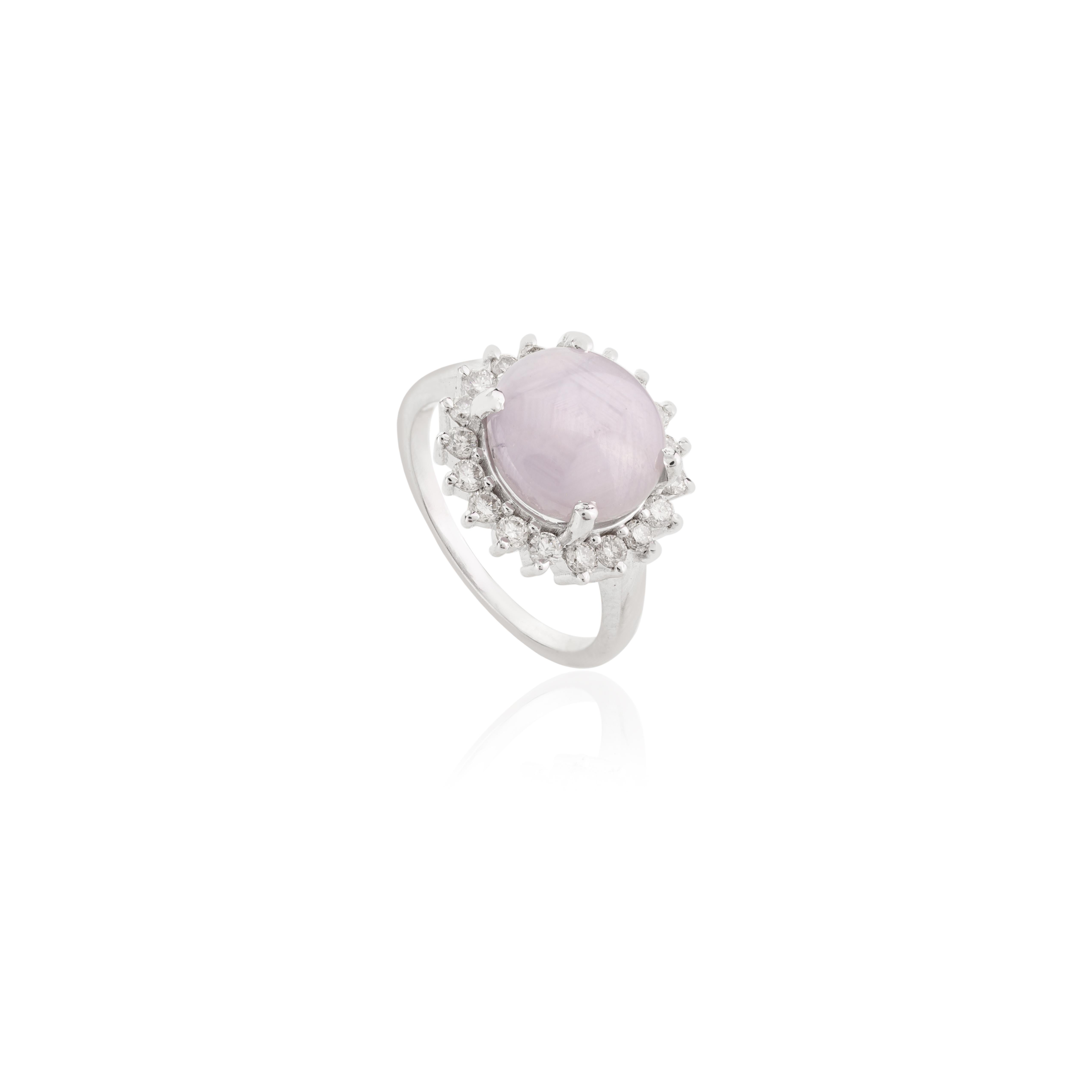 For Sale:  4.63 Carat Star Sapphire Cabochon Halo Diamond Ring in 14k Solid White Gold 3
