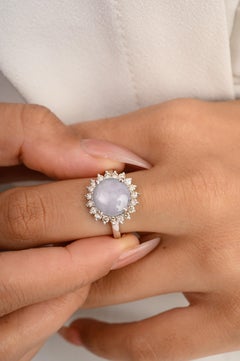 4.63 Carat Star Sapphire Cabochon Halo Diamond Ring in 14k Solid White Gold