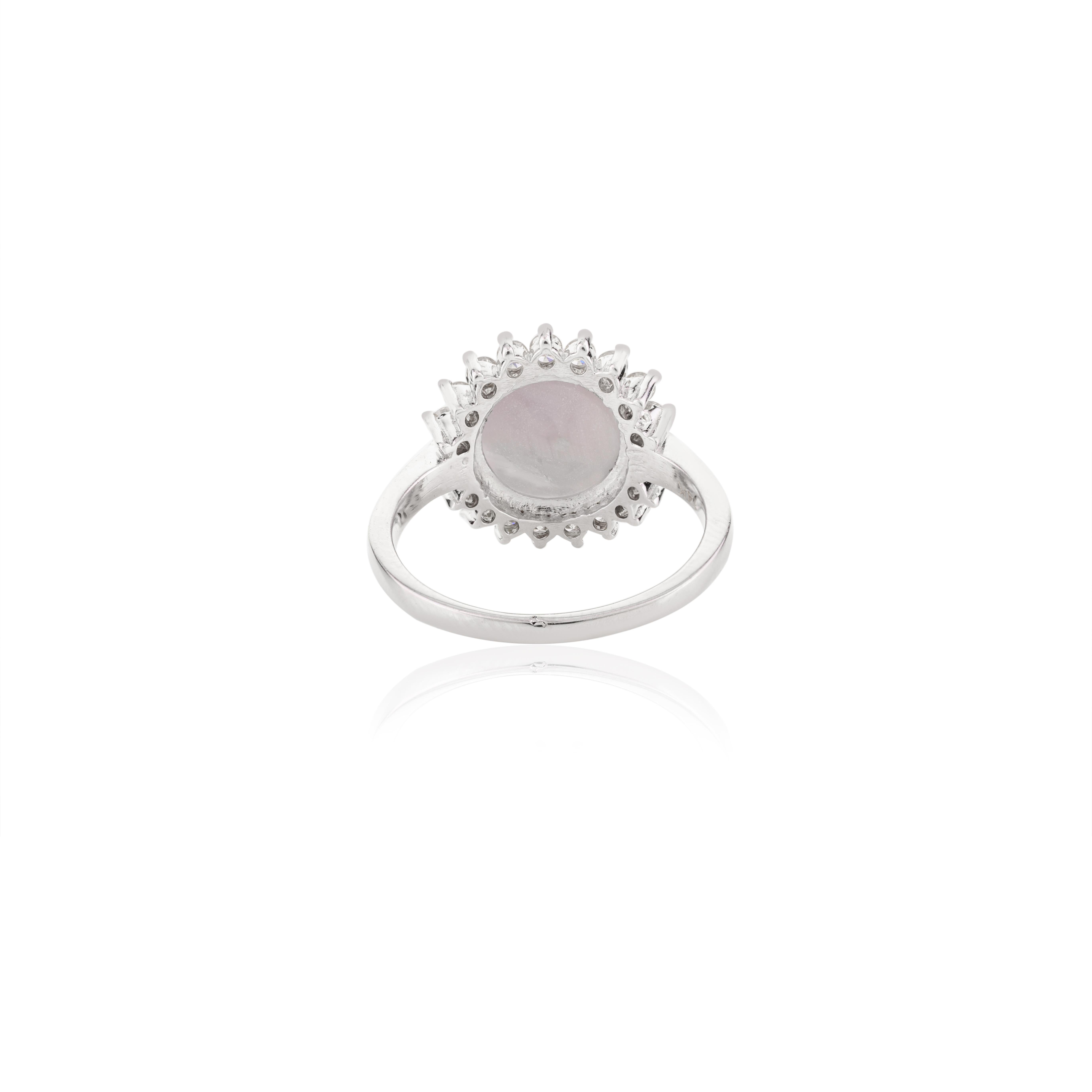 For Sale:  4.63 Carat Star Sapphire Cabochon Halo Diamond Ring in 14k Solid White Gold 7