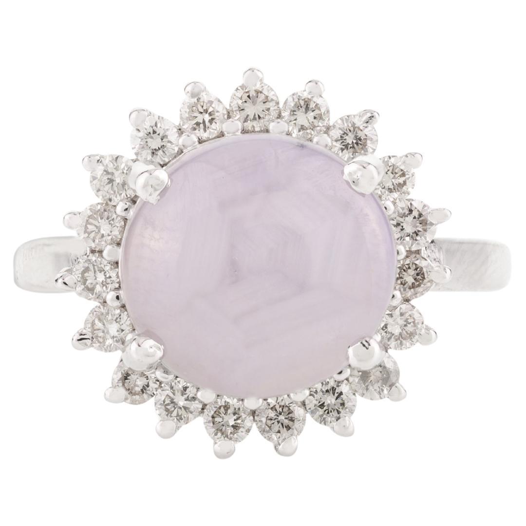 For Sale:  4.63 Carat Star Sapphire Cabochon Halo Diamond Ring in 14k Solid White Gold