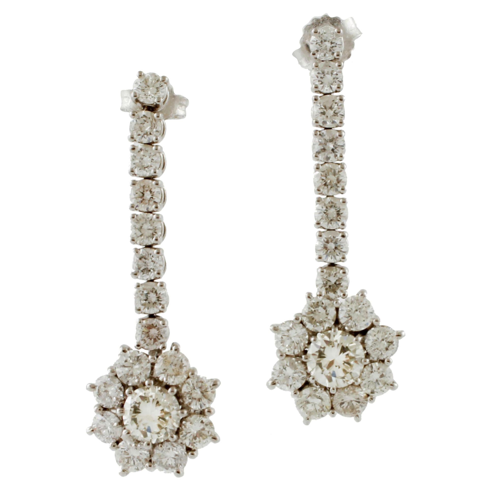 4.63 Carat White Diamonds, White Gold Flower Design Drop Earrings For Sale