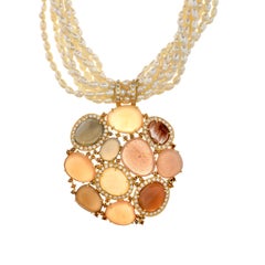 46.30 Carats Moonstone Flat Fresh Water Pearl and Diamond 18kt Gold Necklace