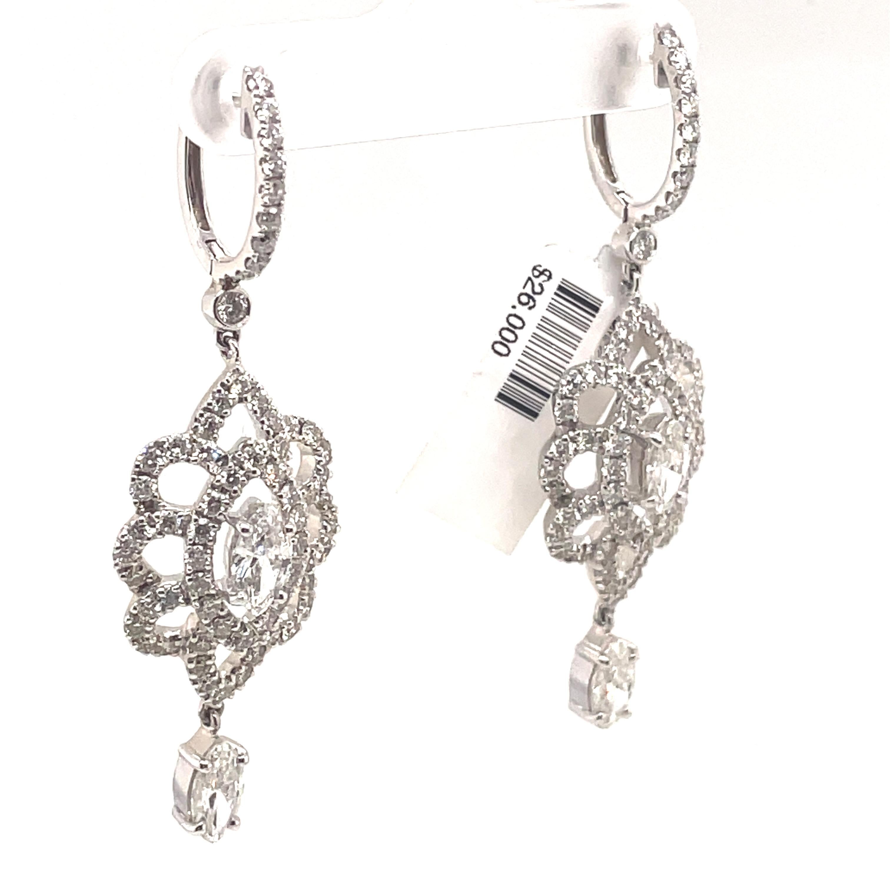Contemporary 4.63ct Marques & Round Diamond Chandelier Earrings 18k White Gold