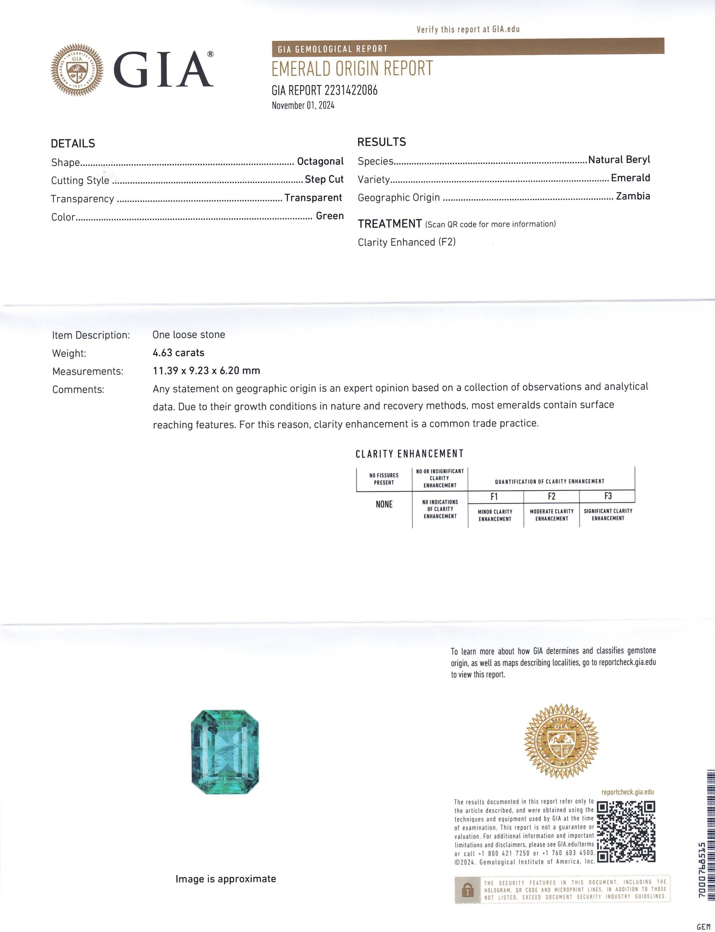 Dies ist ein atemberaubender GIA-zertifizierter Smaragd 


Der GIA-Bericht lautet wie folgt:

GIA-Berichtsnummer: 2231422086
Die Form: Achteckig
Schnittstil: Stufenschnitt
Schnittart: Krone: 
Schnittstil: Pavillon: 
Transparenz: Durchsichtig
Farbe: