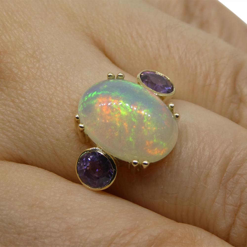 Cabochon 4.63ct Opal, Purple Sapphire Cocktail or Engagement Ring set in 14k Yellow Gold