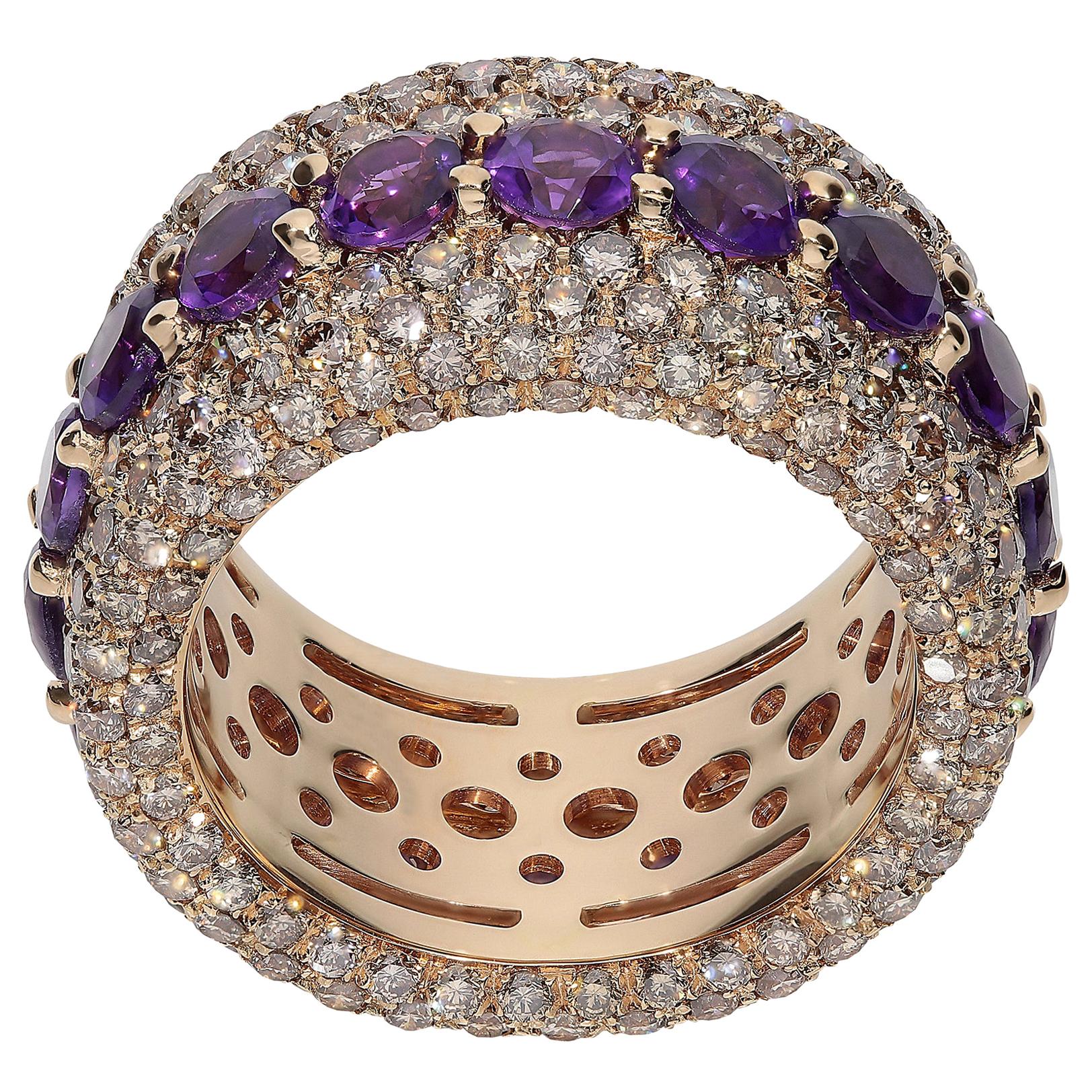 4.64 Carat Brown Diamonds 3.37 Carat Amethyst 18kt Pink Gold Fashion Band Ring For Sale