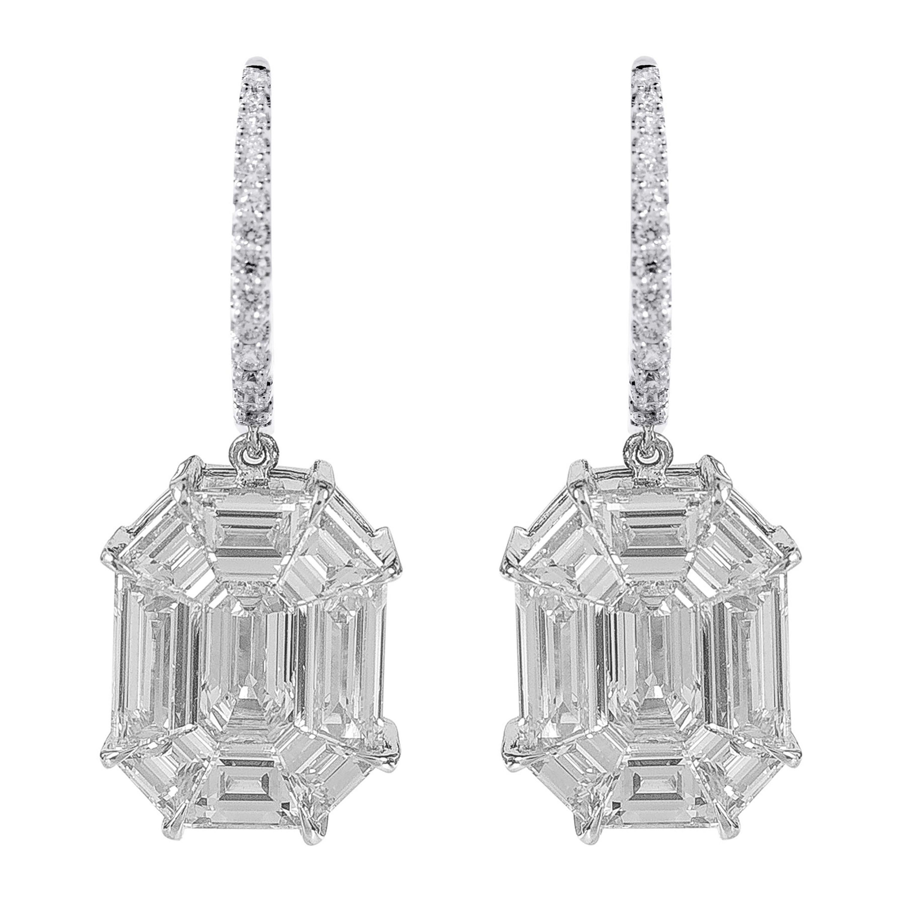 18 Karat White Gold 4.64 Carat Diamond Emerald Pie-Cut "Illusion" Drop Earrings  For Sale