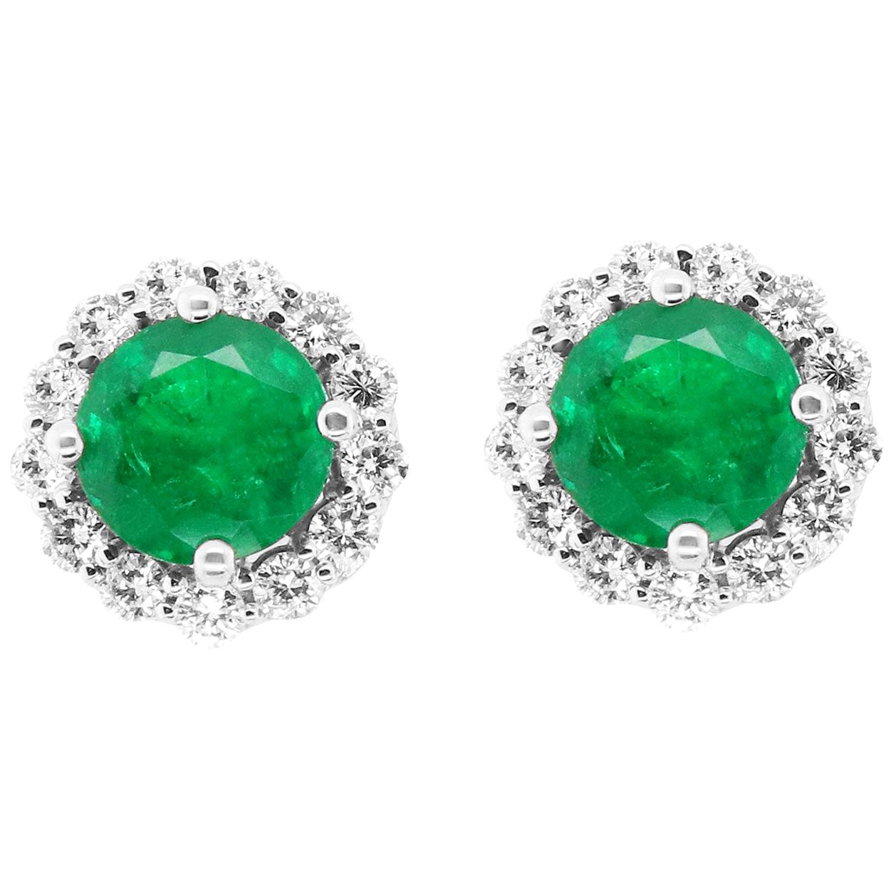 4.64 Carat Round Emerald and Diamond Stud Earrings 18 Karat White Gold
