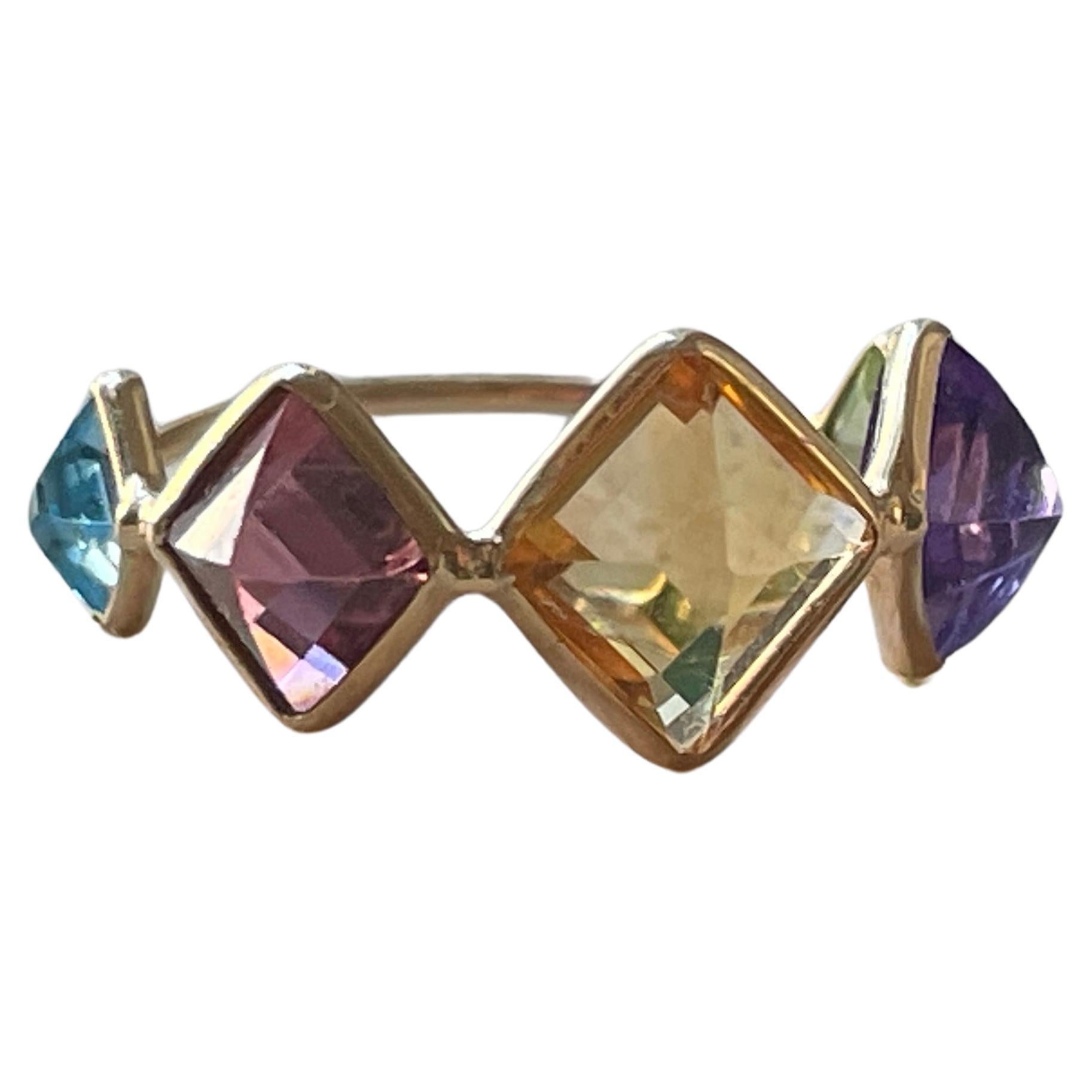 4.64 Carat Tourmaline, Amethyst, Aquamarine, Peridot Multi Stone 18k Gold Ring