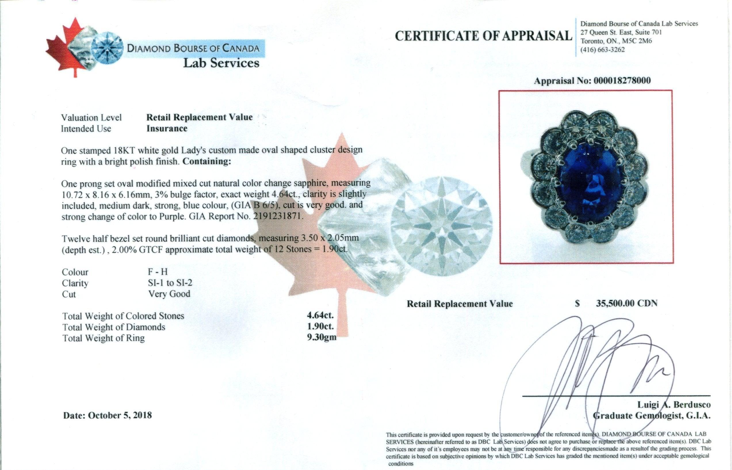 Bague saphir et diamant de 4,64ct certifié par la GIA et de couleur changeante en vente 2