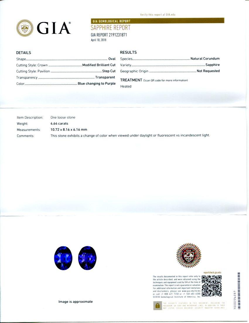 Taille ovale Bague saphir et diamant de 4,64ct certifié par la GIA et de couleur changeante en vente