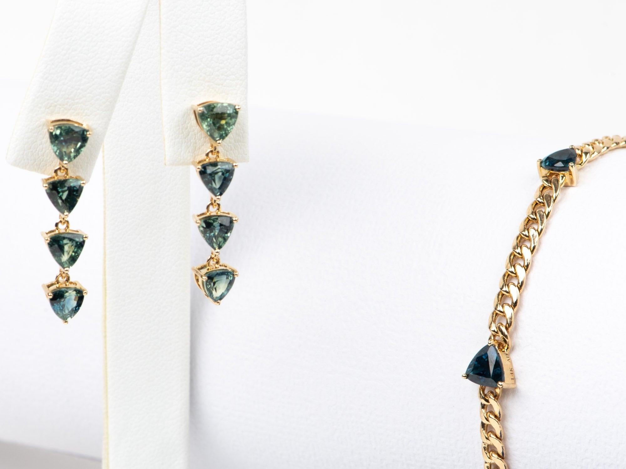 Trillion Cut 4.64ct Teal Blue Sapphire Long Dangle Earrings 14K Gold R3246