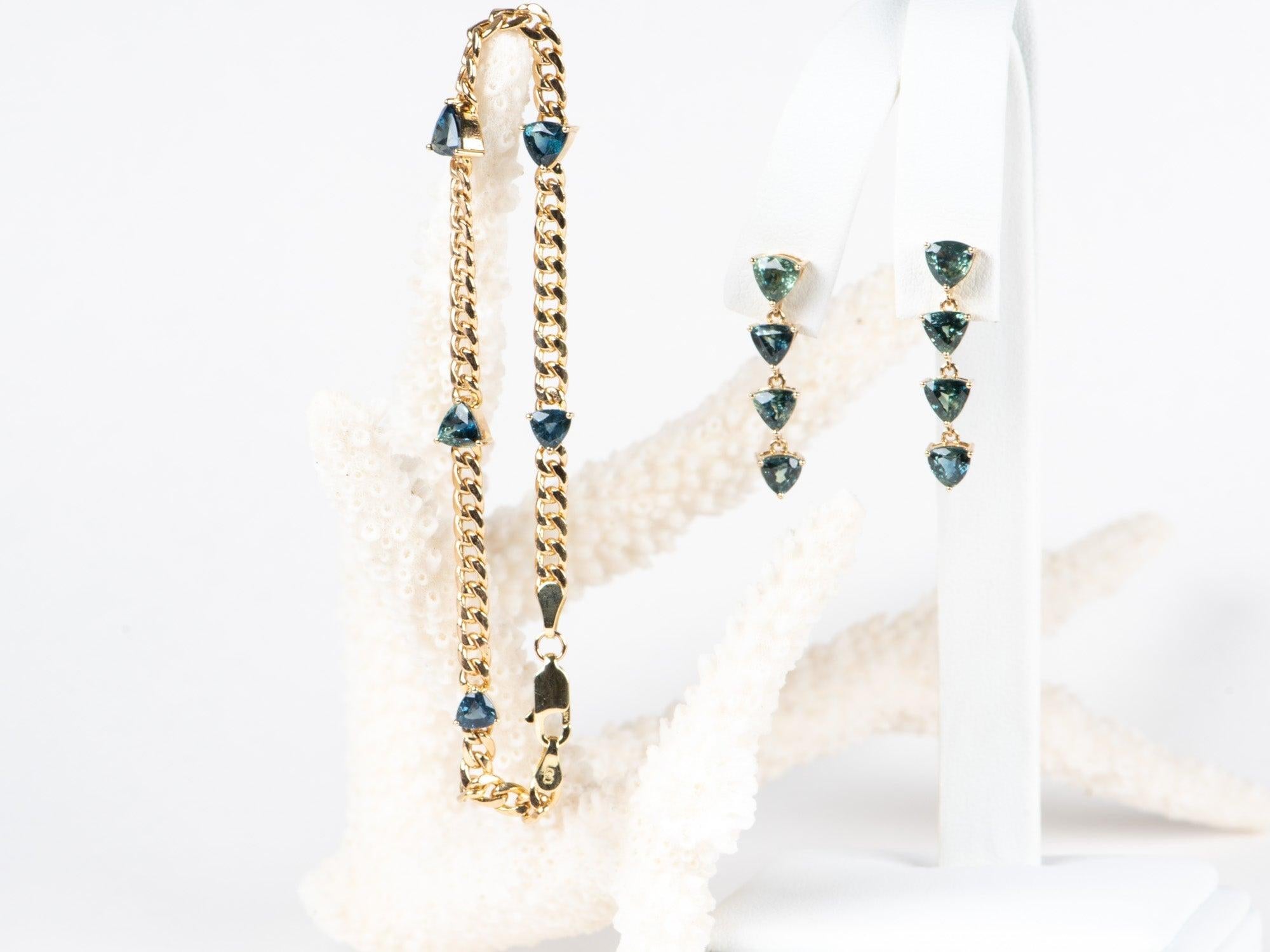 Women's or Men's 4.64ct Teal Blue Sapphire Long Dangle Earrings 14K Gold R3246