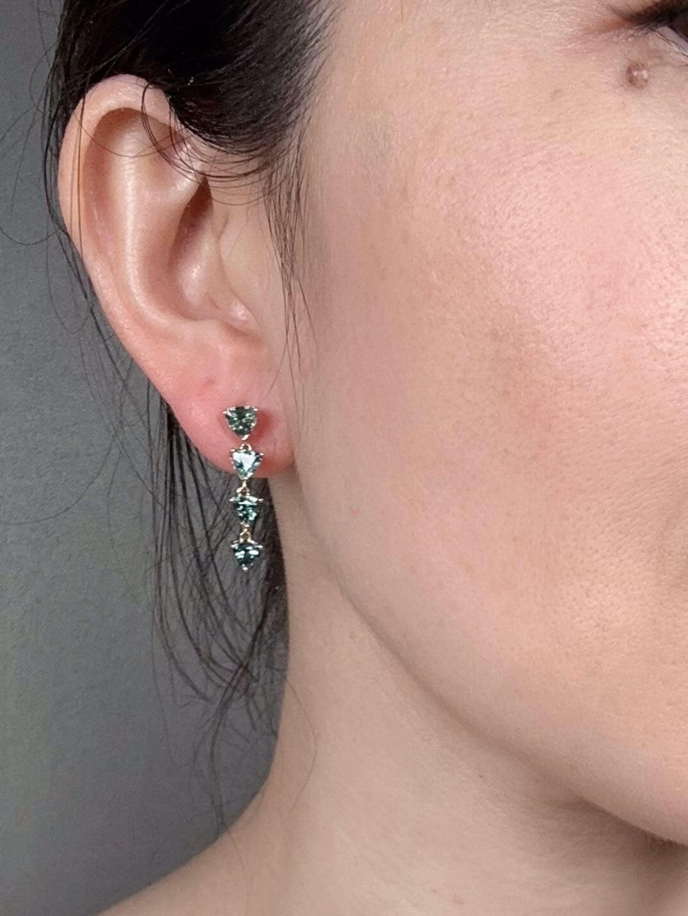 4.64ct Teal Blue Sapphire Long Dangle Earrings 14K Gold R3246 1