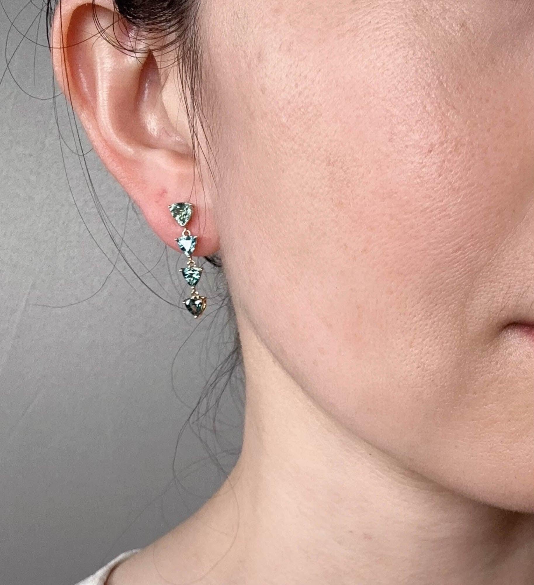 4.64ct Teal Blue Sapphire Long Dangle Earrings 14K Gold R3246 2