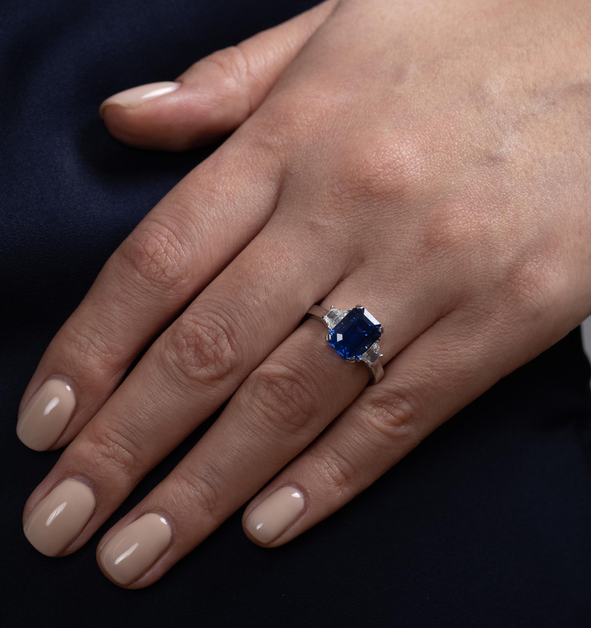 4.64ctw Ceylon GIA Natural Royal Blue Sapphire and Diamond Platinum 3 Stone Ring 6
