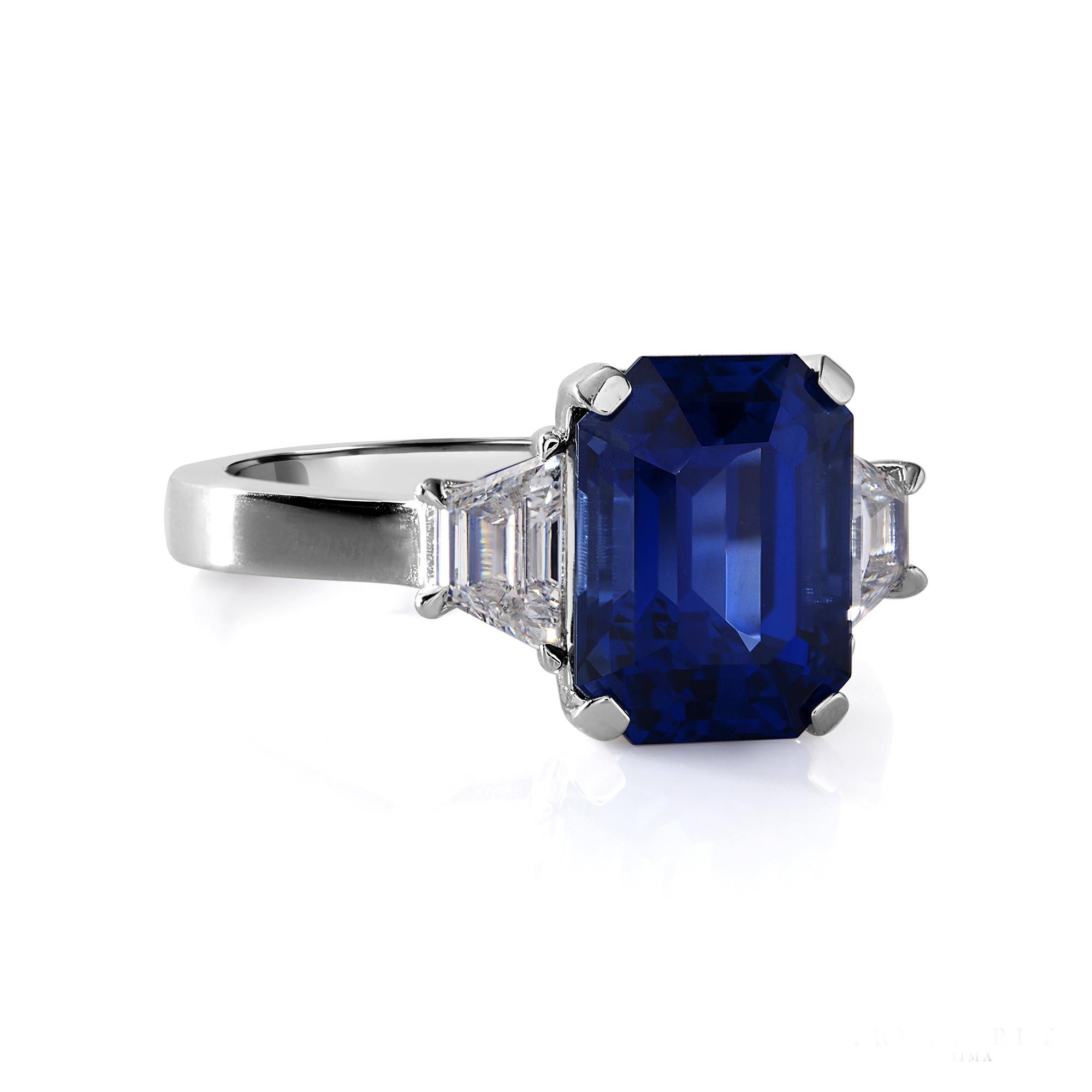 4.64ctw Ceylon GIA Natural Royal Blue Sapphire and Diamond Platinum 3 Stone Ring 2