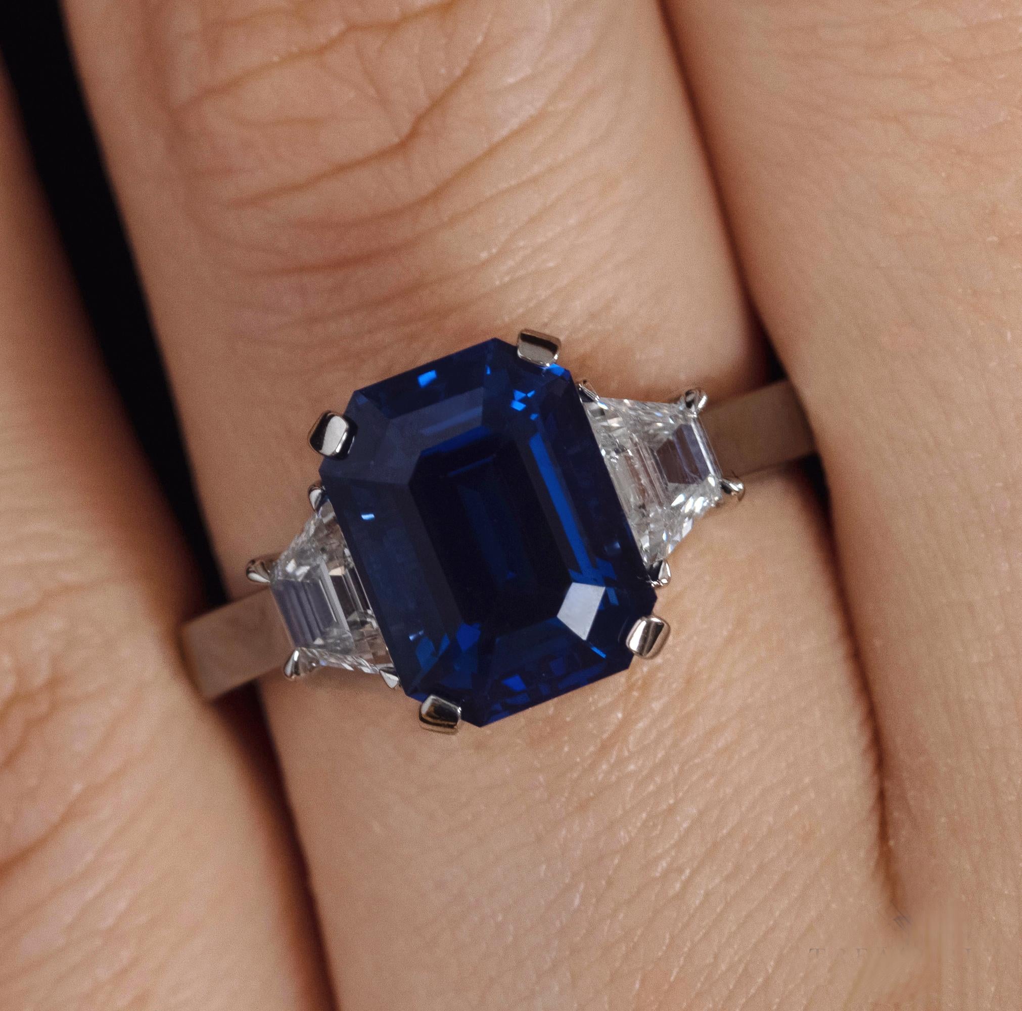4.64ctw Ceylon GIA Natural Royal Blue Sapphire and Diamond Platinum 3 Stone Ring 10