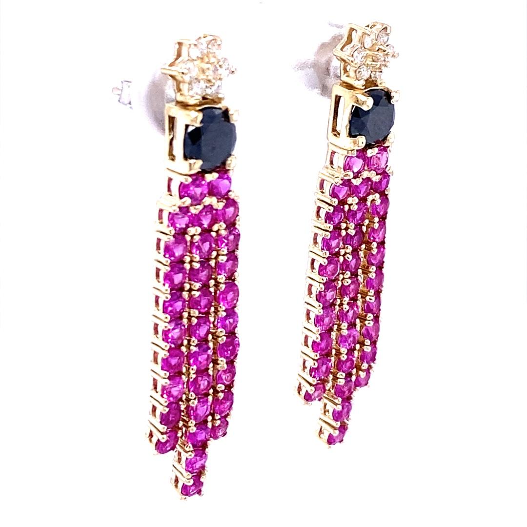 Contemporary 4.65 Carat Black Diamond Pink Sapphire Yellow Gold Earrings For Sale