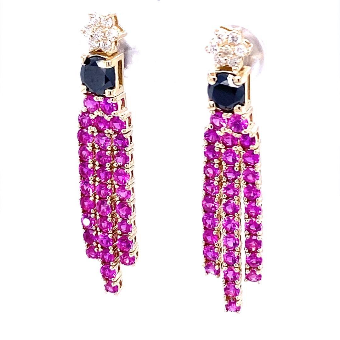 Round Cut 4.65 Carat Black Diamond Pink Sapphire Yellow Gold Earrings For Sale