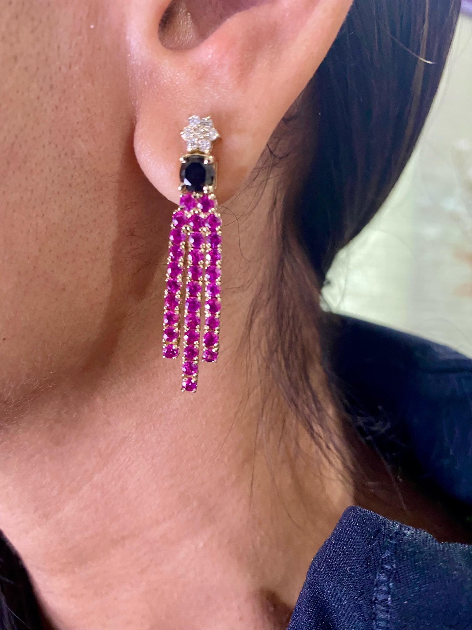Women's 4.65 Carat Black Diamond Pink Sapphire Yellow Gold Earrings For Sale