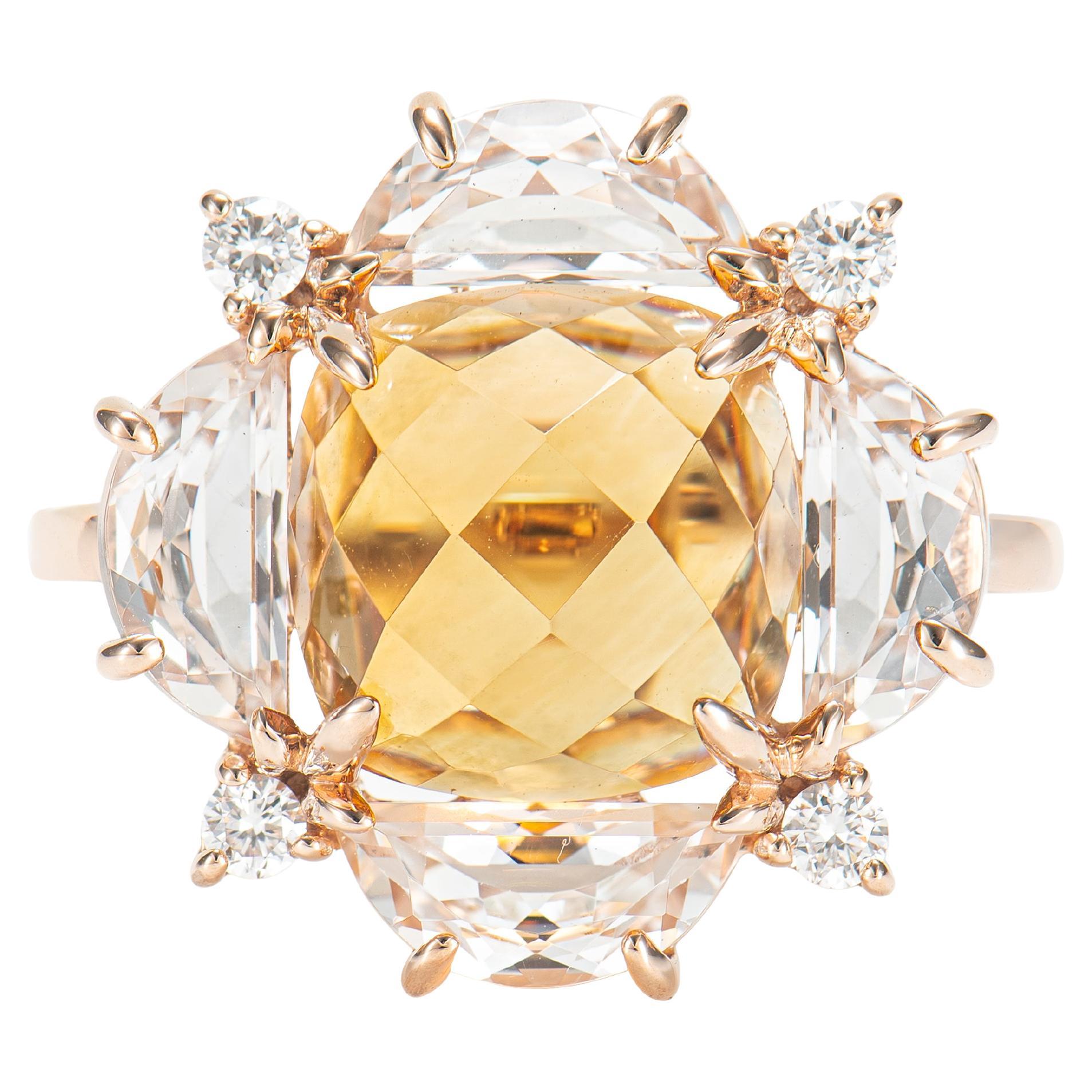 Bague cocktail en citrine de 4,65 carats de 14 carats avec topaze blanche et diamant blanc.