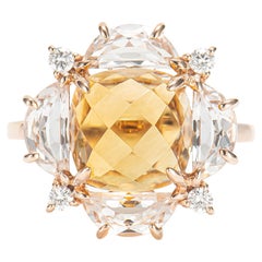 4.65 Carat Citrine Cocktail Ring in 14KRG with White Topaz and White Diamond.