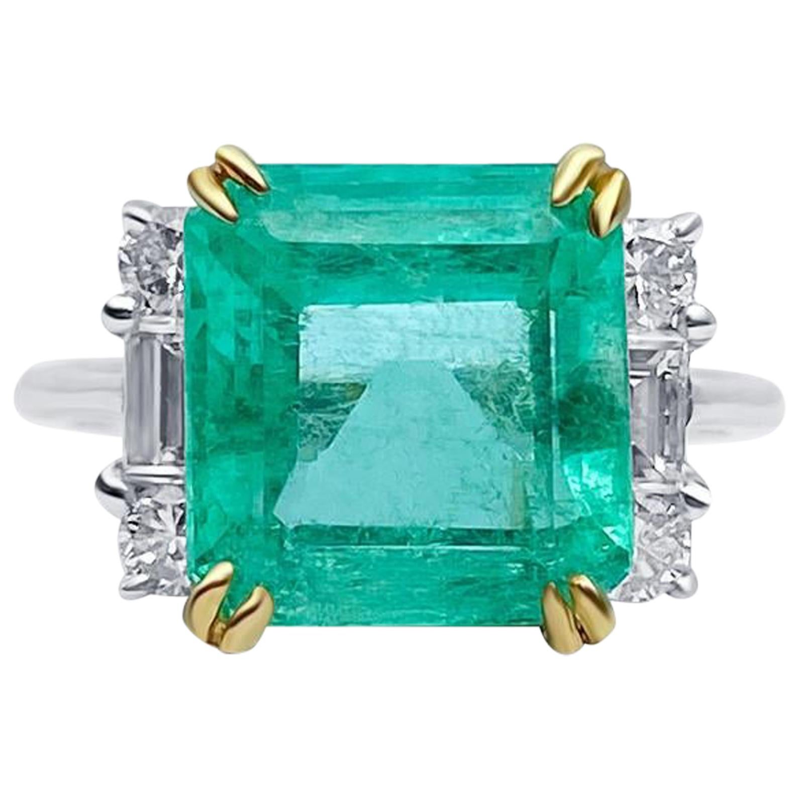 4.65 Carat Emerald-Cut Colombian Emerald and Diamond 18K Gold Ring