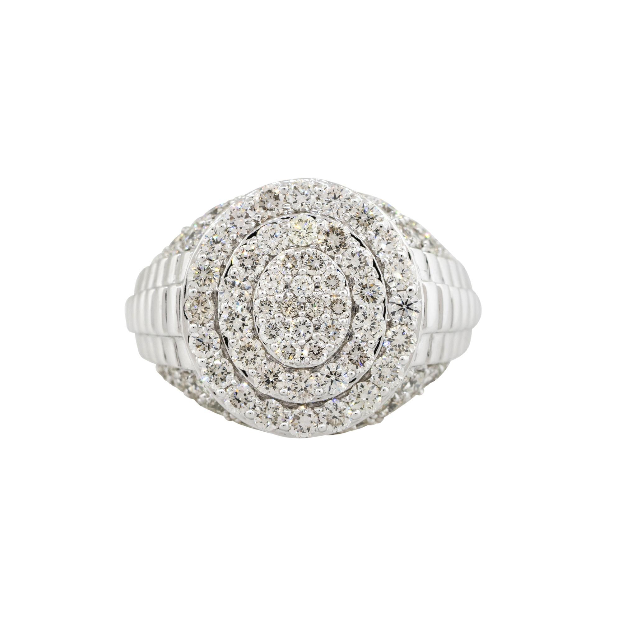 Material: 14k white gold
Diamond Details: Approx. 4.65ctw of round cut Diamonds. Diamonds are G/H in color and VS in clarity
Size: 10.25 
Measurements: 27 x 19 x 30mm
Weight: 12.7g (8.1dwt)
Additional Details: This item comes with a presentation