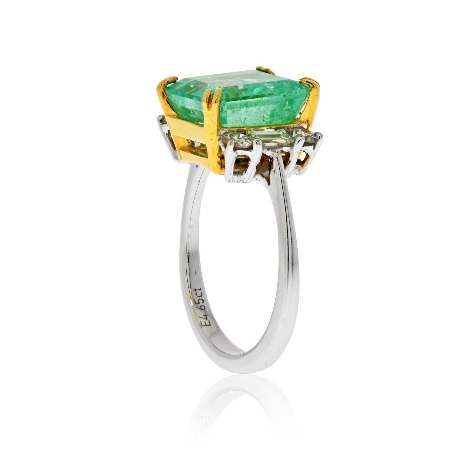 Centering a 4.65 Carat Emerald-Cut Colombian Emerald, accented by 0.66 carats of Round-Brilliant Cut and Baguette Tapered Cut White Diamonds, and set in 18K White Gold, this cocktail ring is a Gad & Co favorite!

Details
✔Gemstone: Emerald
✔Gem