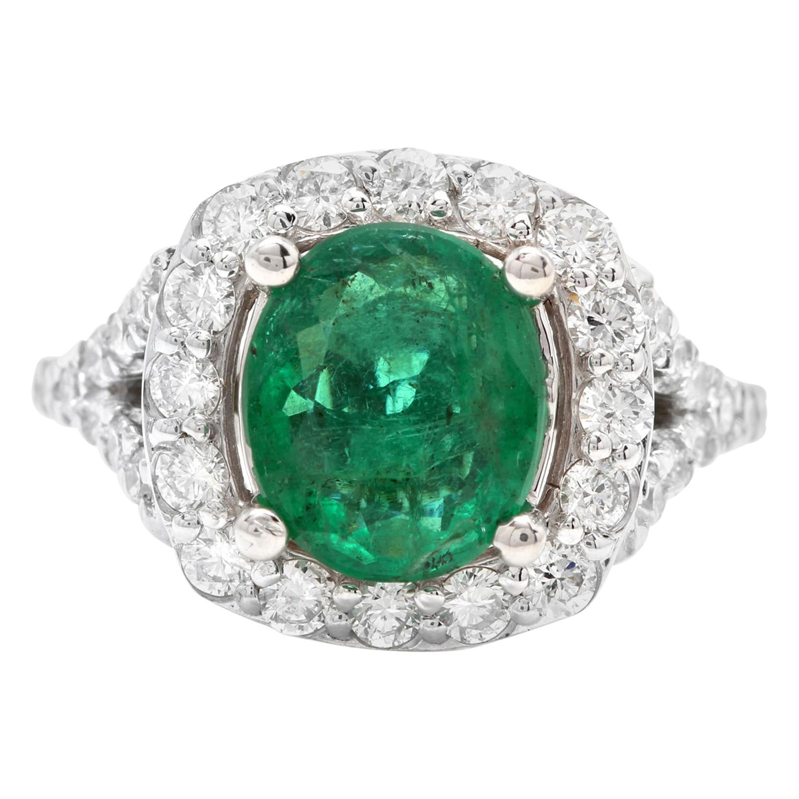 4.65 Carat Natural Emerald and Diamond 14 Karat Solid White Gold Ring For Sale