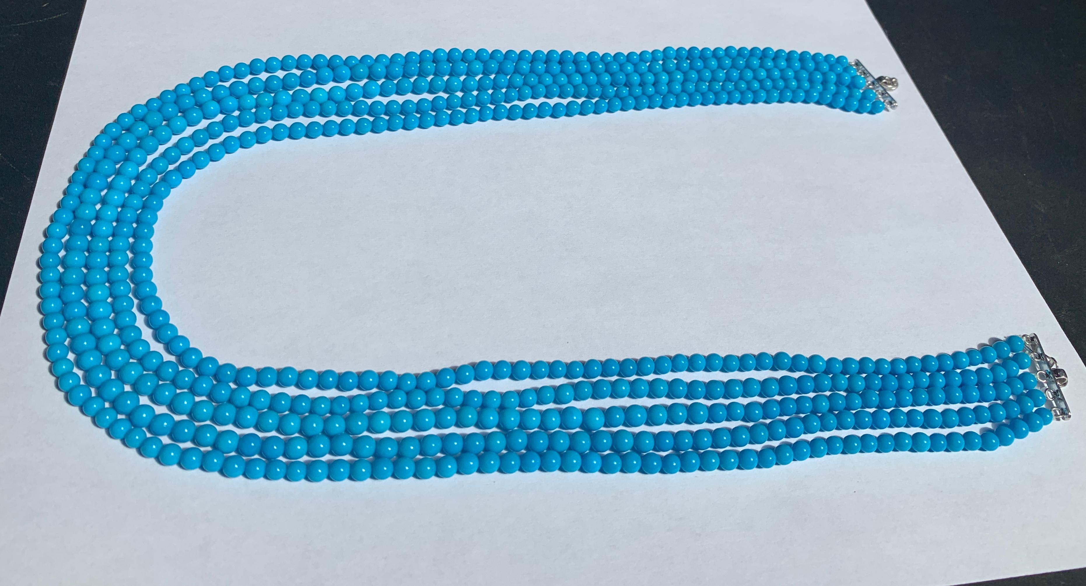 465 Carat Natural Sleeping Beauty Turquoise Necklace , Multi Strand, 18 K Gold
Natural Sleeping Beauty Turquoise which is very hard to find now.
Necklace has 5 strand
Approximately 4-5 mm each bead
18 K white gold clasp
Please look at the all the