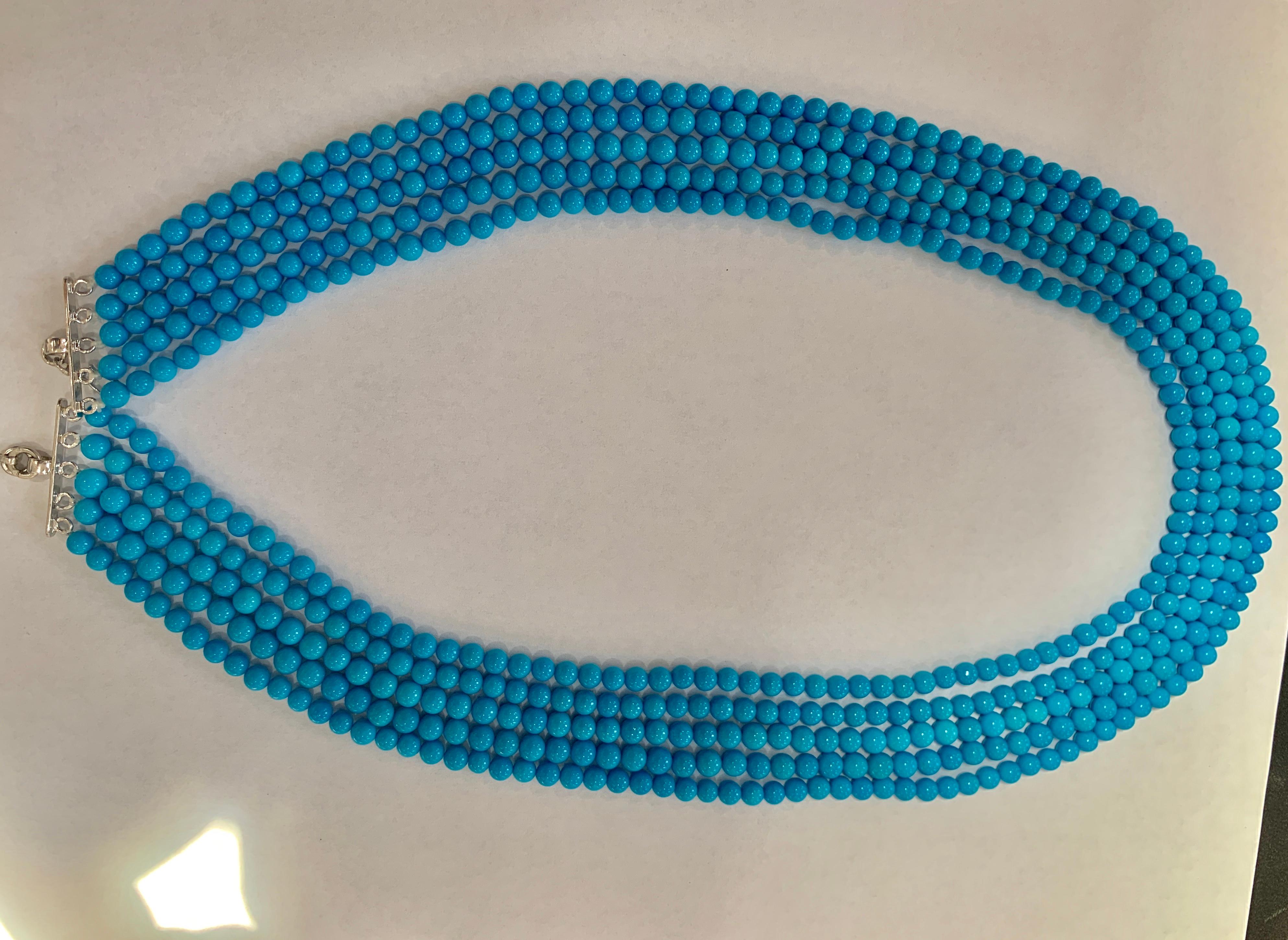 Round Cut 465 Carat Natural Sleeping Beauty Turquoise Necklace, Multi Strand 18 Karat Gold For Sale